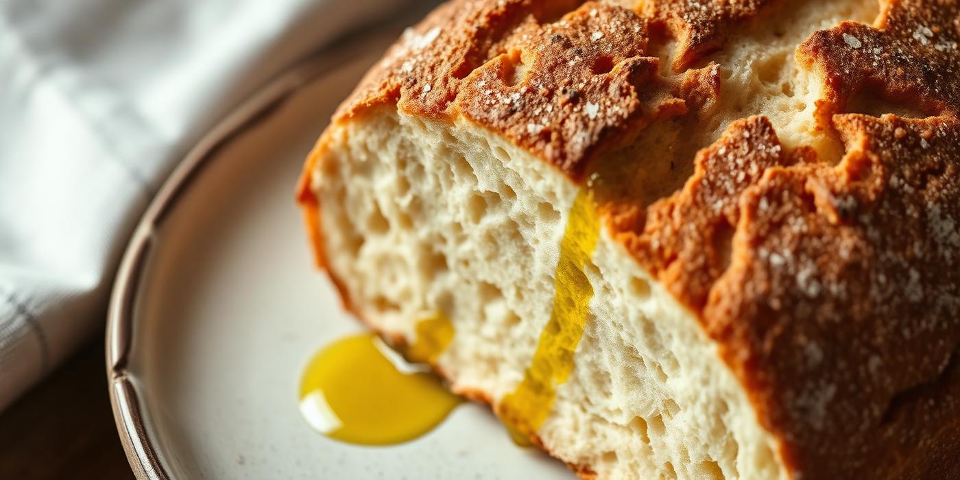 Pão artesanal com azeite em prato de cerâmica